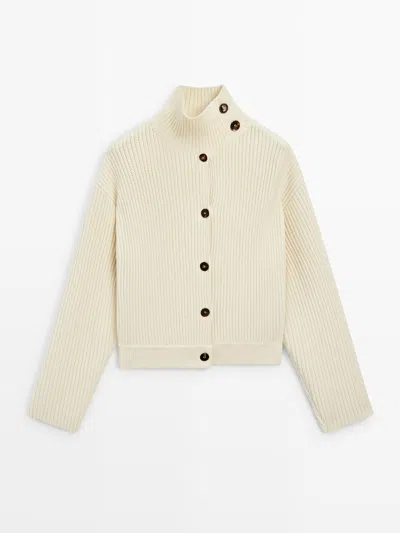Massimo Dutti Cardigan Maille Coton Col Montant In White