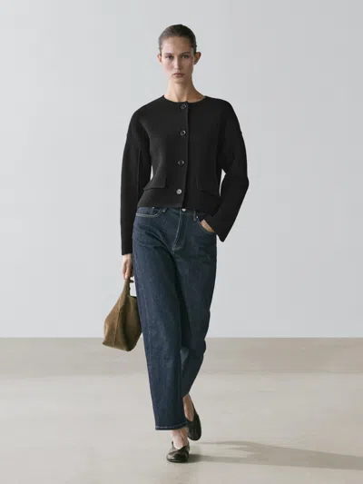 Massimo Dutti Cotton Knit Cardigan In Black