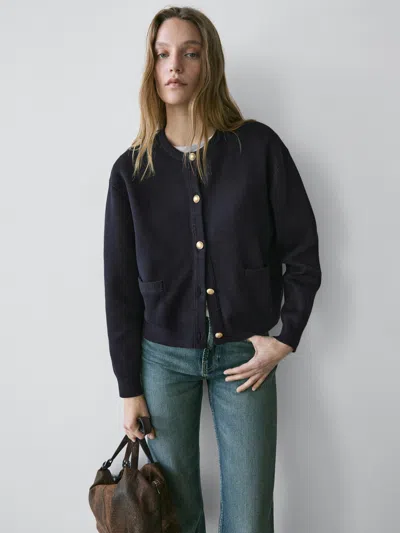 Massimo Dutti Cotton Knit Cardigan With Gold Buttons In Blue