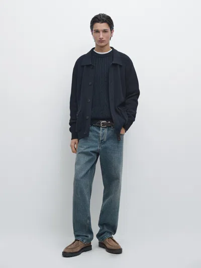 Massimo Dutti Cotton Knit Cardigan With Pockets In Blue