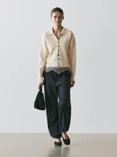 Massimo Dutti Cotton Knit Polo Collar Cardigan In Neutral