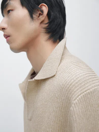 Massimo Dutti Cotton Knit Polo Sweater In White