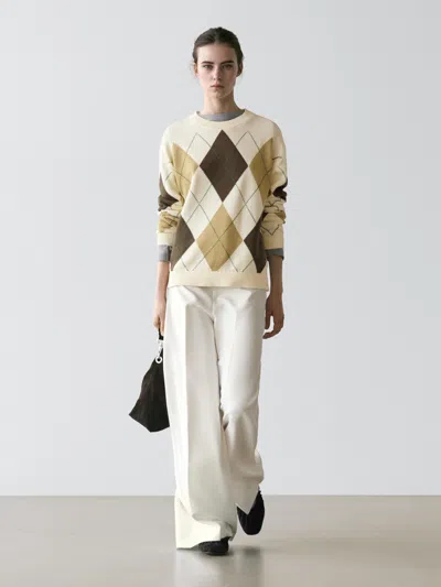 Massimo Dutti Cotton Knit Sweater With Argyle Detail In Neutral