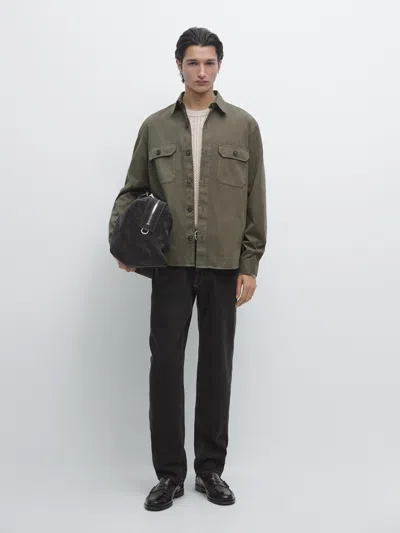 Massimo Dutti Cotton Overshirt With Pockets In Green