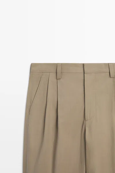 Massimo Dutti Cotton Poplin Pants With Dart Detail In Brown