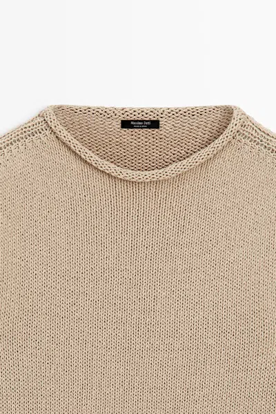 Massimo Dutti Cotton Short Sleeve Rolled Neck Sweater In Brown