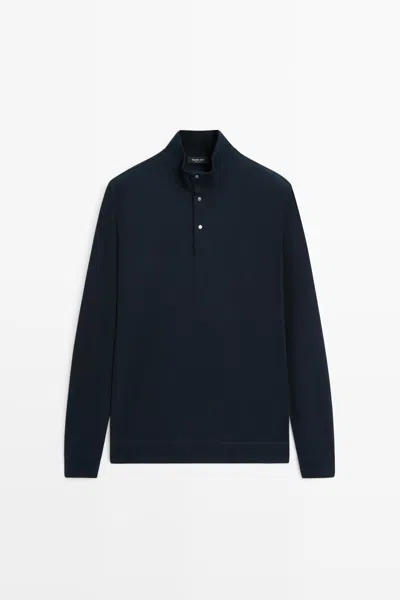 Massimo Dutti Cotton Silk Blend Polo Sweater In Navy Blue