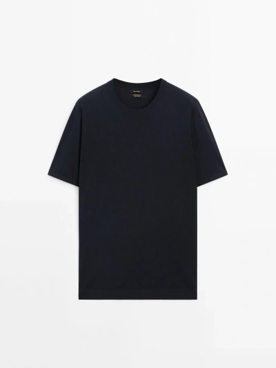 Massimo Dutti Cotton-silk Blend Sweater With Short Sleeves In Navy Blue