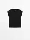 MASSIMO DUTTI COTTON T-SHIRT WITH PADDED SHOULDER DETAILS