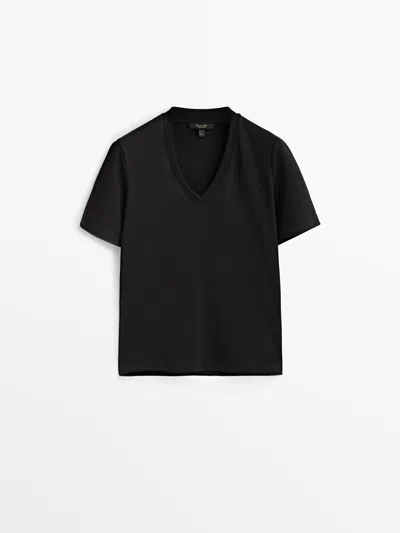 Massimo Dutti Cotton V-neck T-shirt In Black