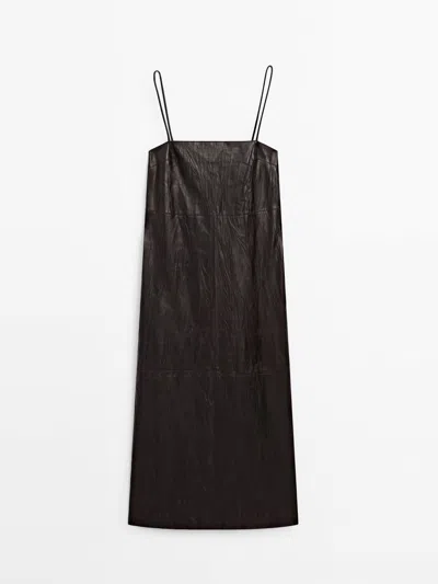 Massimo Dutti Crackled Nappa Leather Midi Dress In Brown