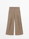 Massimo Dutti Creased-effect Darted Technical Trousers In Caramel