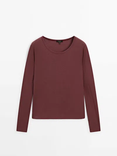 Massimo Dutti Crew Neck Ribbed Cotton T-shirt In Pale Pink