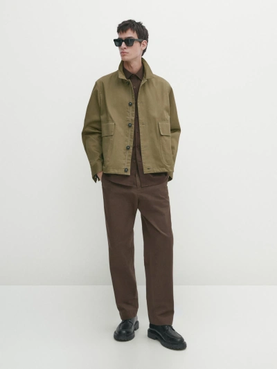 Massimo Dutti Cropped Buttoned Jacket In Helles Khaki