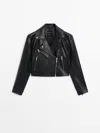 Massimo Dutti Cropped Leather Jacket In Black
