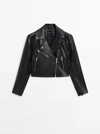 Massimo Dutti Cropped Leather Jacket In Black