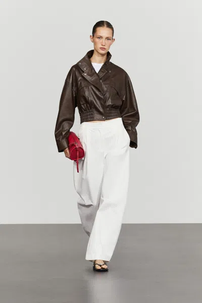 Massimo Dutti Cropped Nappa Leather Bomber Jacket In Brown