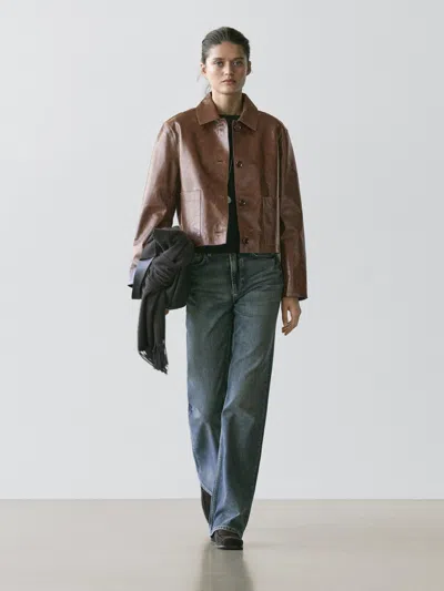 Massimo Dutti Cropped Nappa Leather Jacket In Brown