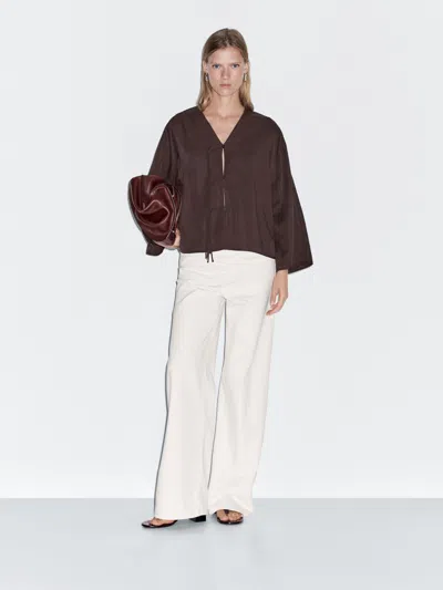 Massimo Dutti Cropped Shirt With Drawstring Detail In Brown