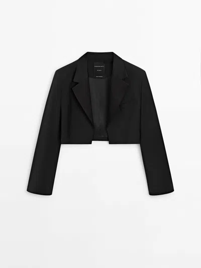 Massimo Dutti Cropped Suit Blazer With Satin Lapels In Black