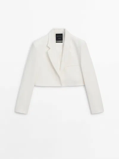 Massimo Dutti Cropped Suit Blazer With Texture In White