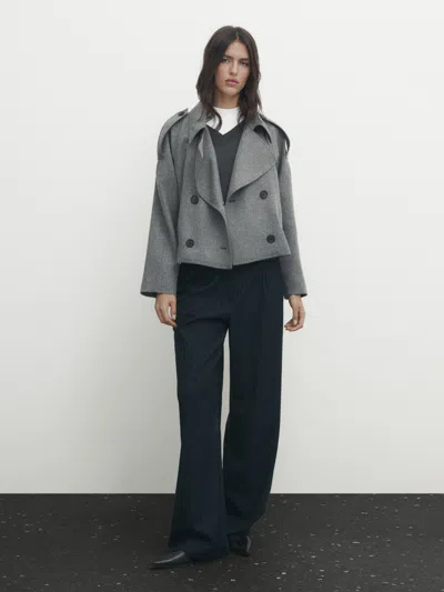Massimo Dutti Kurzer Trenchcoat Aus Wollflanell In Grey