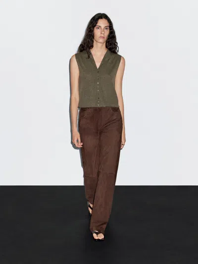 Massimo Dutti Cropped Wool Blend Knit Vest In Brown