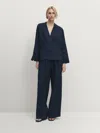 Massimo Dutti Crossover Kimono With Pocket In 100% Linen In Marineblau