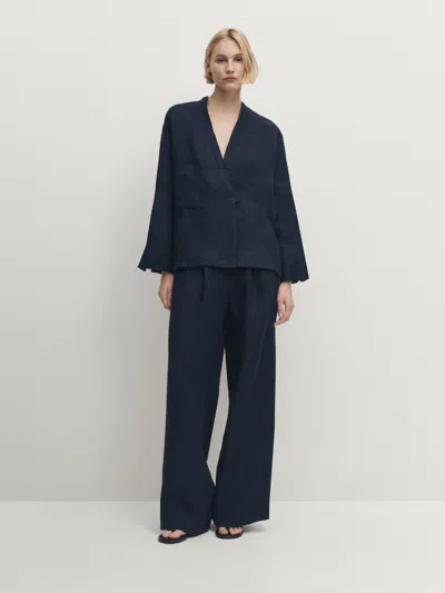 Massimo Dutti Crossover Kimono With Pocket In 100% Linen In Marineblau