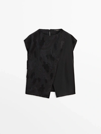 Massimo Dutti Crossover Top With Embroidered Detail In Black