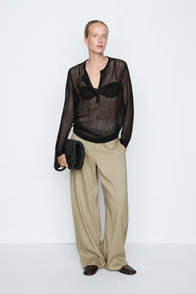 Massimo Dutti Camisola De Malha Rendilhada Com Fecho De Botões In Black