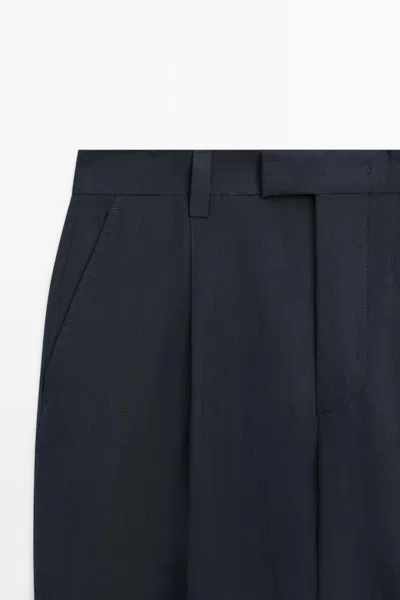 Massimo Dutti Darted 100% Linen Trousers In Blue