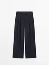 Massimo Dutti Darted Pinstriped Smart Trousers In Navy Blue