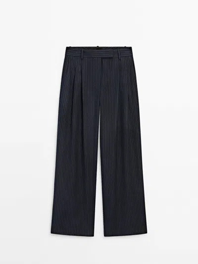 Massimo Dutti Darted Pinstriped Smart Trousers In Navy Blue