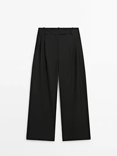 Massimo Dutti Darted Suit Trousers With Satin Waistband In Black