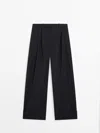 Massimo Dutti Darted Trousers With Adjustable Hems In Navy Blue
