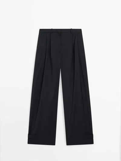 Massimo Dutti Darted Trousers With Adjustable Hems In Navy Blue