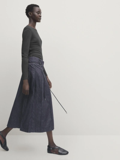 Massimo Dutti Denim Flounce Midi Skirt With Seams In Dunkelblau