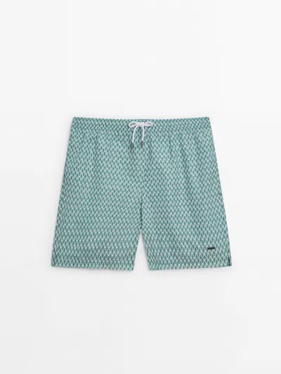 Massimo Dutti Diamond Print Swimming Trunks In Turquoise
