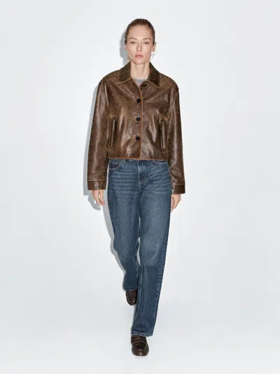 Massimo Dutti Distressed Effect Nappa Leather Cropped Jacket In Brown