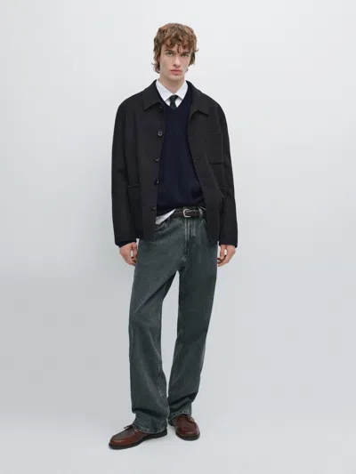 Massimo Dutti Double Wool Blend Overshirt With Pockets In Black