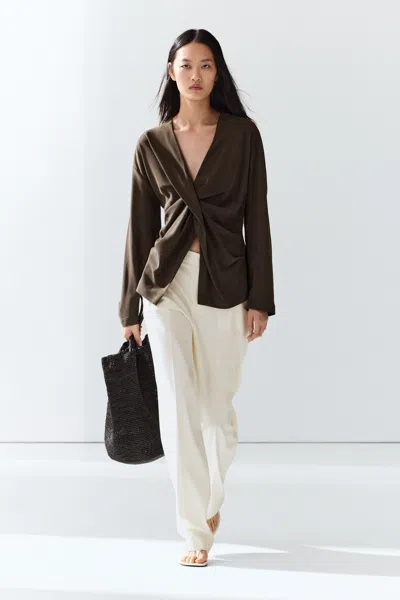 Massimo Dutti Draped Detail Flowing Blouse In Brown