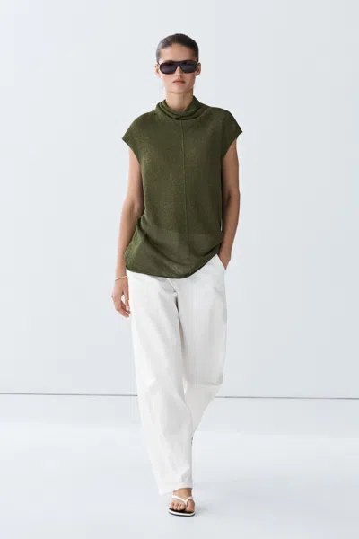 Massimo Dutti Draped High Neck Knit Top In Green