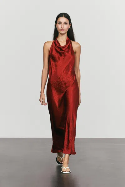 Massimo Dutti Draped Neck Long Dress In Brown