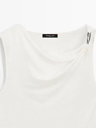 Massimo Dutti Draped Neck Top With Jewel Detail In White