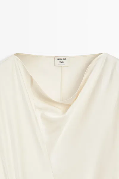 Massimo Dutti Draped Neckline Flowing Dress In Neutral