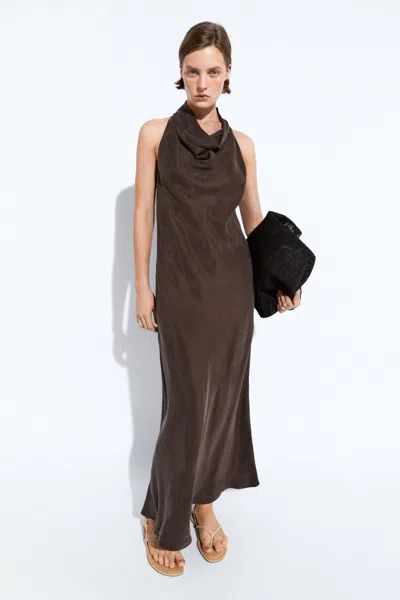 Massimo Dutti Draped Neckline Long Dress In Brown
