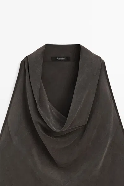 Massimo Dutti Draped Neckline Midi Dress In Brown