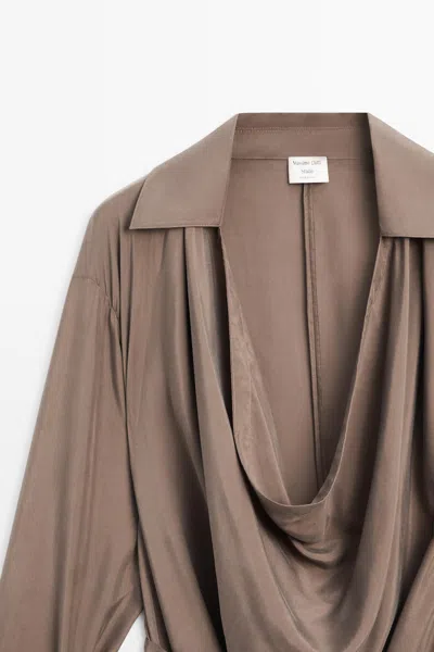 Massimo Dutti Draped Neckline Trench Dress In Brown