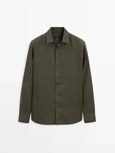 Massimo Dutti Dyed Thread Regular Fit Linen Shirt In Dark Green
